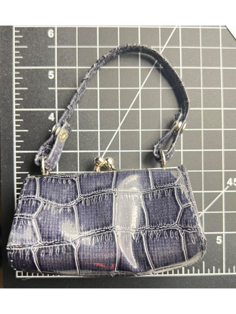 Vintage Blue Faux Crocodile Mini Handbag Silver Kiss Lock Coin Purse 4" Y2K - Picture 6 of 7